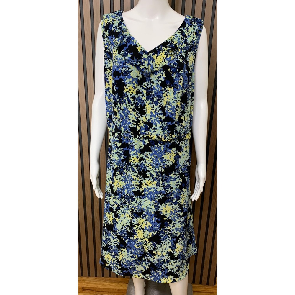 Talbots Women's Blue Yellow Floral Ruffle V-Neck Belted Sleeveless Dress 14W